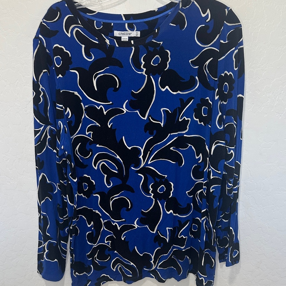 Chico's Long Sleeve Top Womens XL / Black Blue abstract blouse career formal
